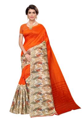 Orange Printed art silk Indian Style Saree With Blouse Piece 1