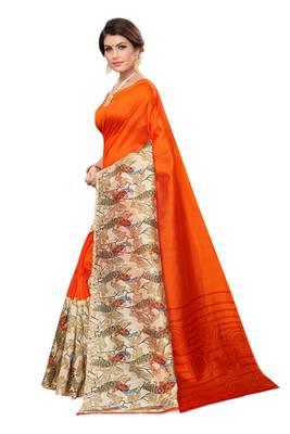 Orange Printed art silk Indian Style Saree With Blouse Piece 2