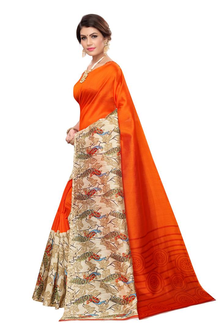 Orange Printed art silk Indian Style Saree With Blouse Piece