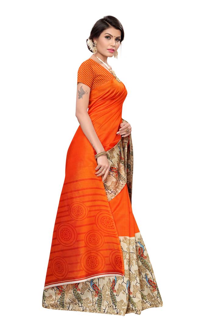 Orange Printed art silk Indian Style Saree With Blouse Piece