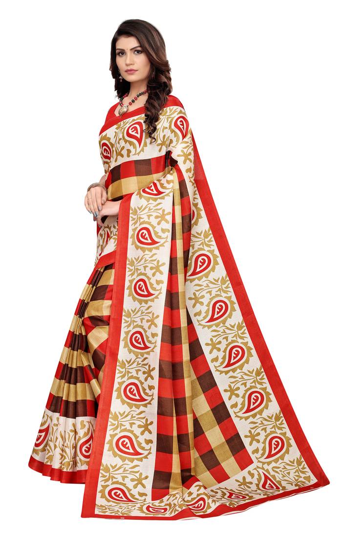 Multi Color Printed art silk Indian Style Saree With Blouse Piece