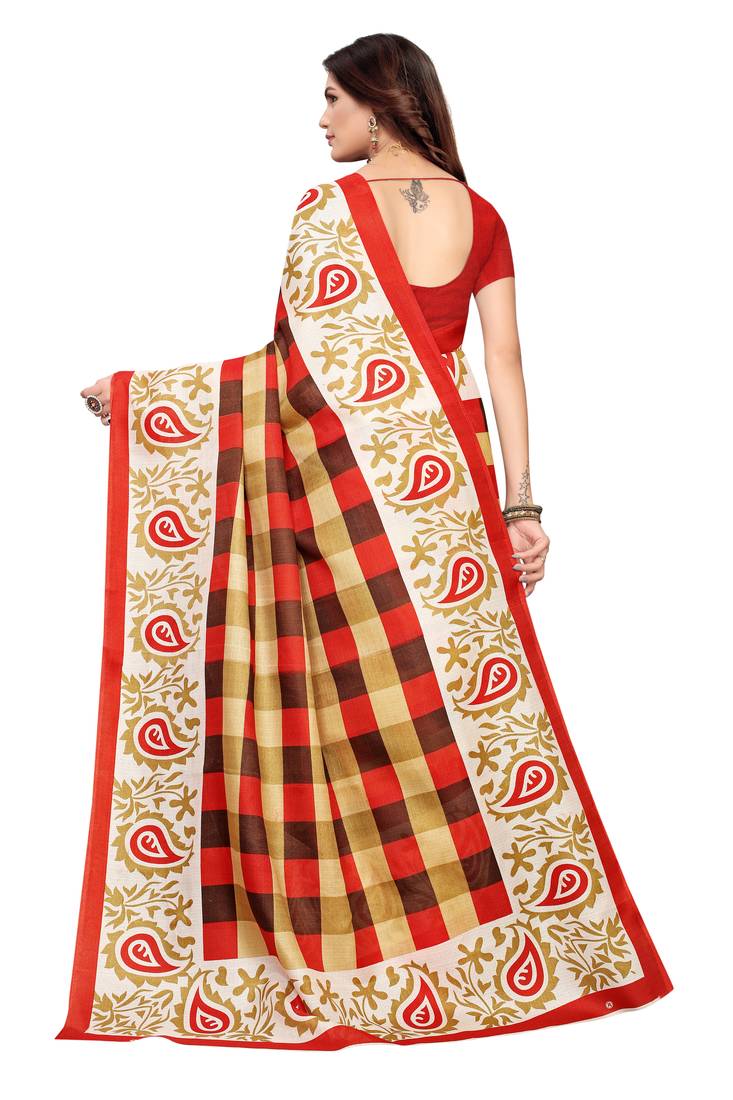 Multi Color Printed art silk Indian Style Saree With Blouse Piece