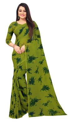Green printed georgette saree with blouse 2
