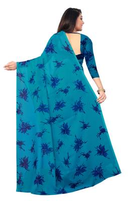 Blue printed georgette saree with blouse 2