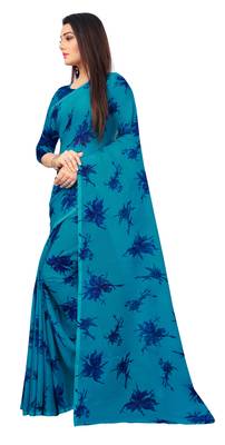Blue printed georgette saree with blouse 3