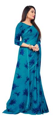 Blue printed georgette saree with blouse 4