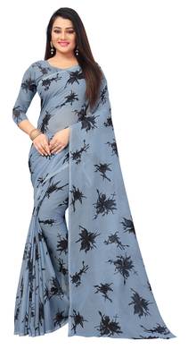 Grey printed georgette saree with blouse 1