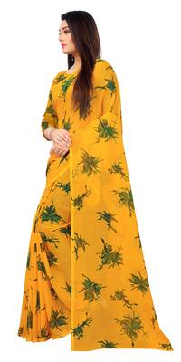 Yellow printed georgette saree with blouse 3