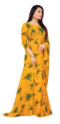 Yellow printed georgette saree with blouse 4