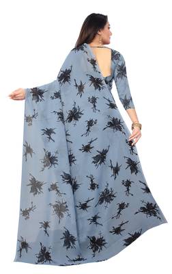 Grey printed georgette saree with blouse 2