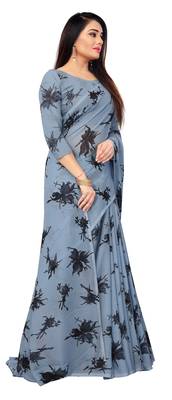 Grey printed georgette saree with blouse 3