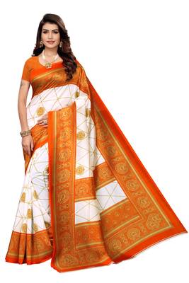 White Printed art silk Indian Style Saree With Blouse Piece 1