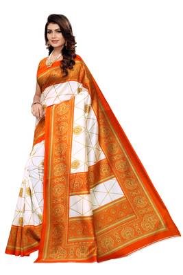 White Printed art silk Indian Style Saree With Blouse Piece 2