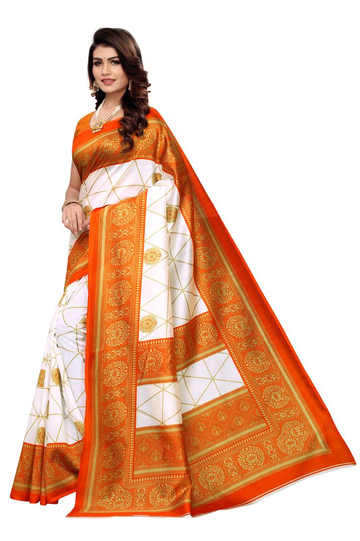 White Printed art silk Indian Style Saree With Blouse Piece