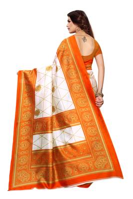 White Printed art silk Indian Style Saree With Blouse Piece 3