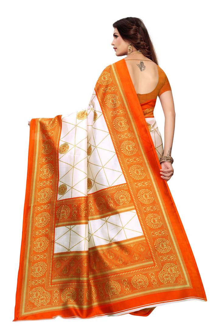 White Printed art silk Indian Style Saree With Blouse Piece