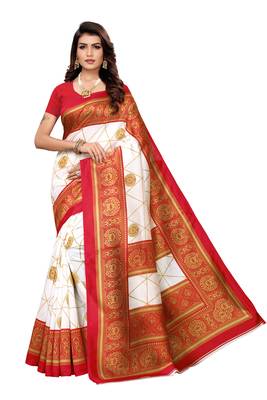 White Printed art silk Indian Style Saree With Blouse Piece 1
