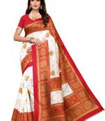 White Printed art silk Indian Style Saree With Blouse Piece
