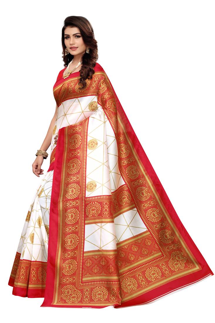 White Printed art silk Indian Style Saree With Blouse Piece