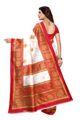 White Printed art silk Indian Style Saree With Blouse Piece 3