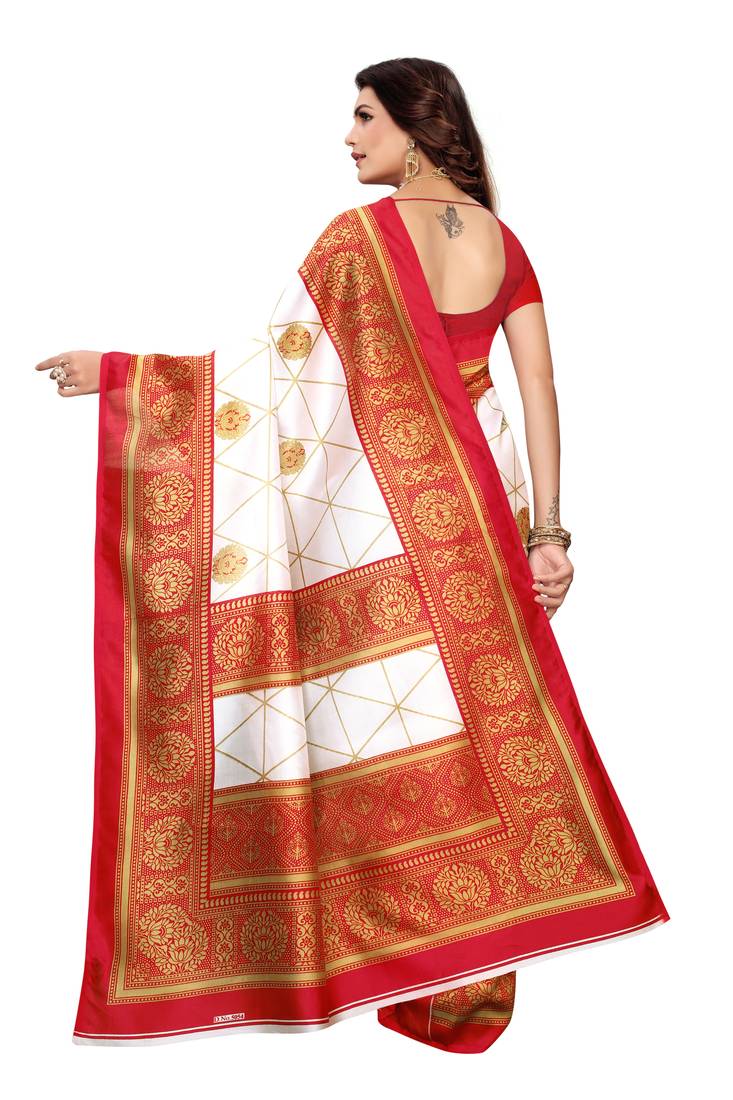 White Printed art silk Indian Style Saree With Blouse Piece