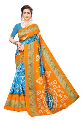 Sky Orange Printed art silk Indian Style Saree With Blouse Piece 1