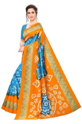 Sky Orange Printed art silk Indian Style Saree With Blouse Piece 2