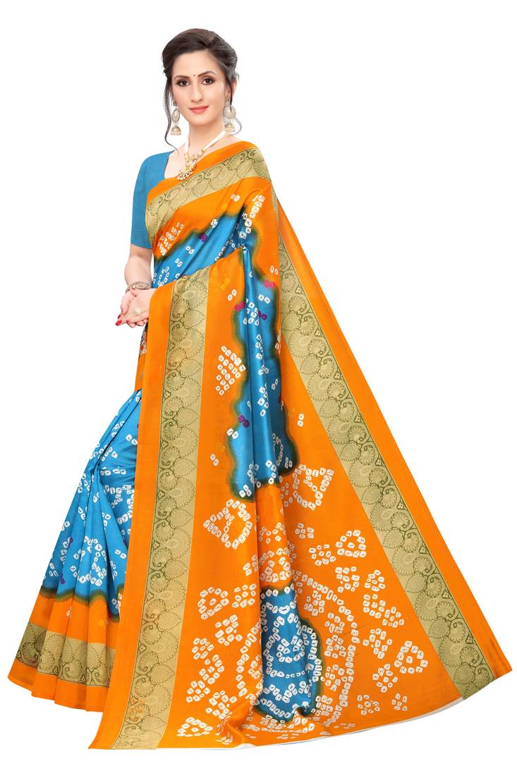 Sky Orange Printed art silk Indian Style Saree With Blouse Piece