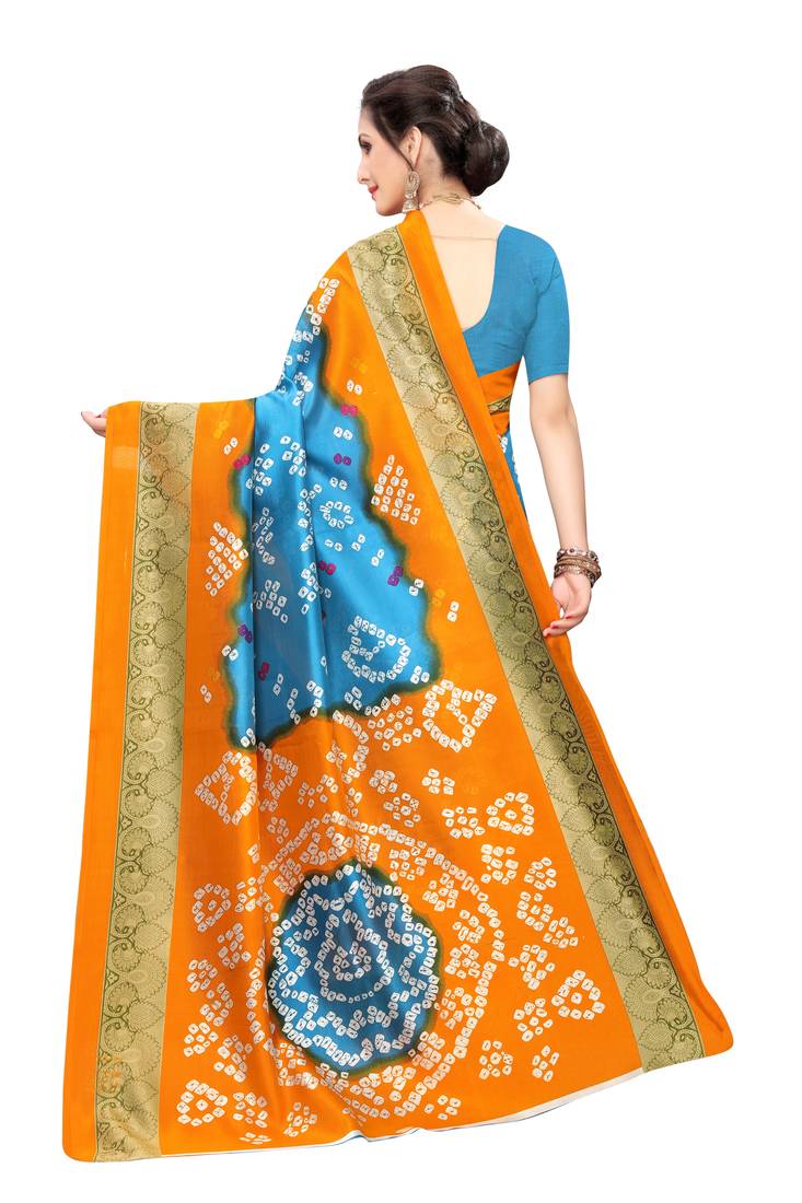 Sky Orange Printed art silk Indian Style Saree With Blouse Piece