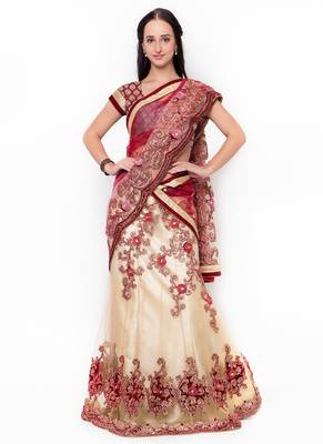 Cream Embroidered Net Semi Stitched Lehenga 1