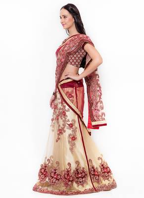 Cream Embroidered Net Semi Stitched Lehenga 2