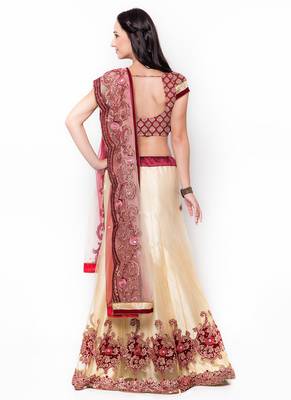 Cream Embroidered Net Semi Stitched Lehenga 3