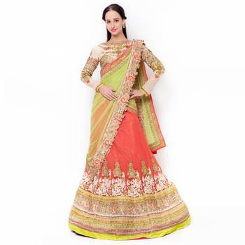 Orange Embroidered Net Semi Stitched Lehenga 1