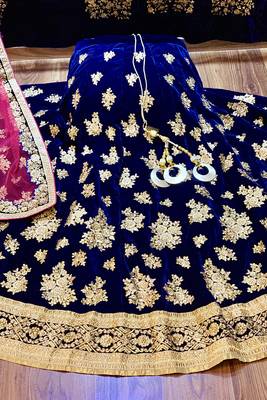 Blue Embroidered Velvet Semi Stitched Lehenga 3