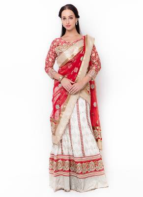 Red Embroidered Georgette Semi Stitched Lehenga 1