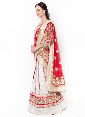 Red Embroidered Georgette Semi Stitched Lehenga 2
