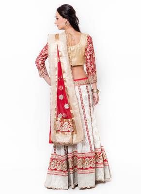 Red Embroidered Georgette Semi Stitched Lehenga 3