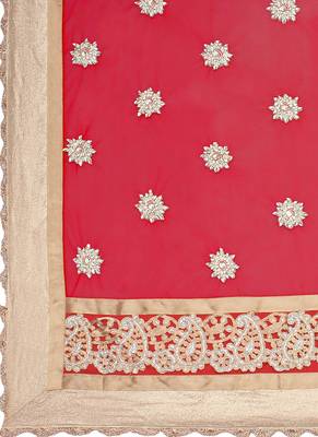 Red Embroidered Georgette Semi Stitched Lehenga 4