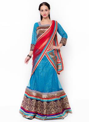 Blue Embroidered Net Semi Stitched Lehenga 1