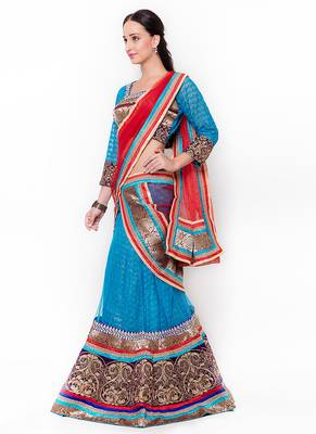 Blue Embroidered Net Semi Stitched Lehenga 2