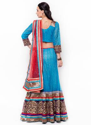 Blue Embroidered Net Semi Stitched Lehenga 3