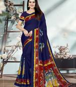 Navy blue printed cotton silk saree with blouse