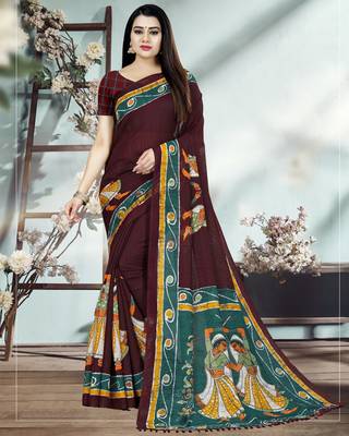 Brown Printed Cotton Silk Saree With Blouse 1