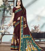 Brown Printed Cotton Silk Saree With Blouse