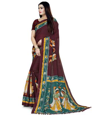 Brown Printed Cotton Silk Saree With Blouse 2