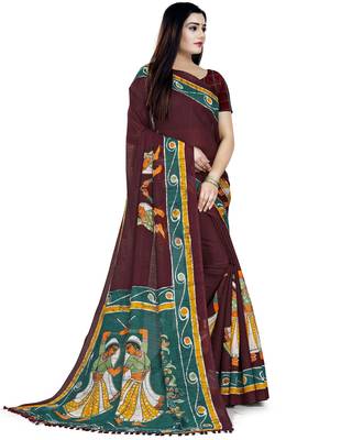 Brown Printed Cotton Silk Saree With Blouse 3