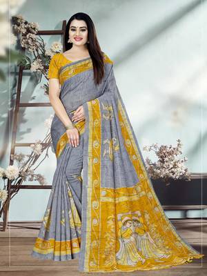 Grey printed cotton silk saree with blouse 1