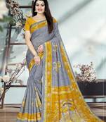 Grey printed cotton silk saree with blouse