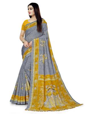 Grey printed cotton silk saree with blouse 2