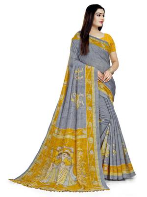 Grey printed cotton silk saree with blouse 3